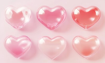 Set of Glossy pink Hearts love 3D heart cute Valentine isolated baby pink, light pink pastel shiny