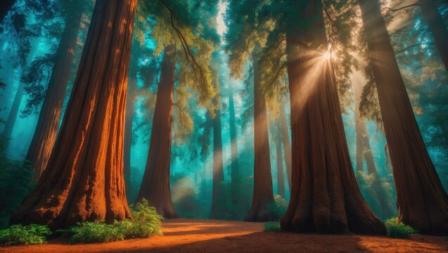 A grove of towering redwood trees where the canopy filters the sky.