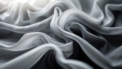 Obraz premium Blurred grayscale fabric featuring gentle folds and a delicate play of light and shadow, resulting in a tranquil, smooth texture. This image is perfect for design and artistic backgrounds.