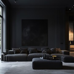 A modern living room interior with dark furniture and lighting