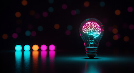  vibrant neon light bulb with brain for innovation and creativity . Glowing brain inside light bulb symbolizing AI, innovation, and creativity idea concept ,Innovation
Technology
Creativity .