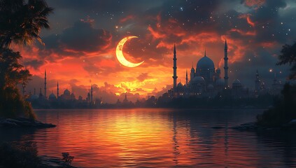 Crescent Moon and Silhouetted Minarets at Sunset