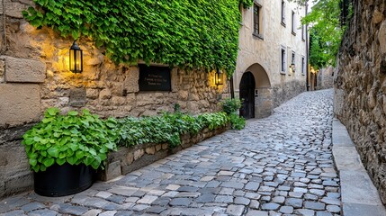 Lush Green Ivy on Stone Walls of a Cobblestone Alleyway