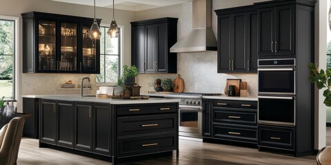 Fototapeta premium Modern kitchen interior with black cabinets and appliances presents a design