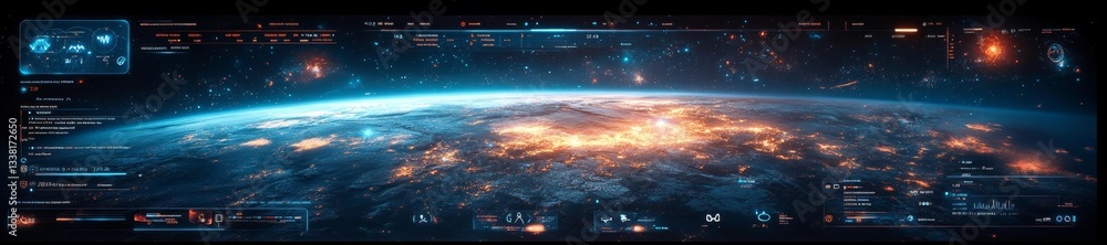 Wall mural Stunning Panoramic View of Earth from Space with Futuristic Interface. Generative AI