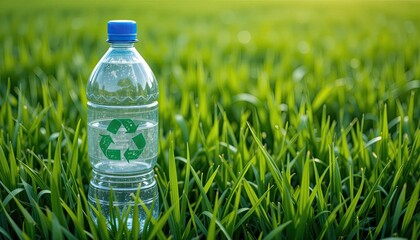  A plastic bottle with a green grass backdrop, representing recycling and pollution