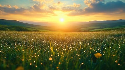 Naklejka premium Serene sunrise over a dewy grassy field, perfect for World Environment Day or nature-themed projects. Ideal for promoting tranquility and outdoor events.