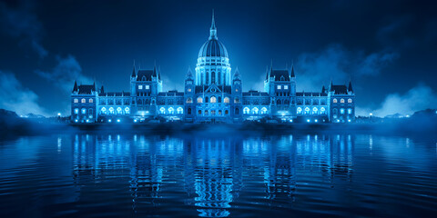 Obraz premium Futuristic Cyberpunk Landmark with Neon Blue Grid Reflections on Water