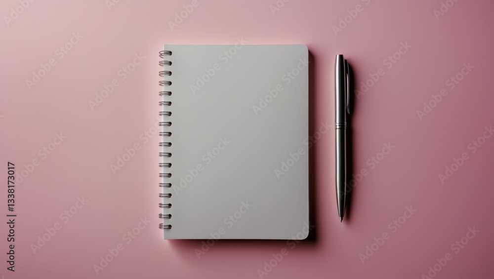 Aufkleber a notebook with an empty page and a ballpoint pen rests on a pink backdrop.