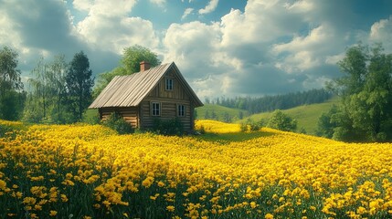 Wooden remote house in a landscape filled with yellow flowers (Generative AI)