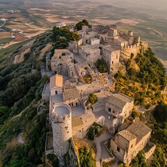 Obraz premium Aerial view of historic town of Erice near Trapani. Castello di Venere, Sicily, Italy 