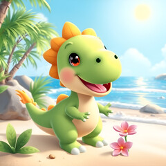 A cheerful, yellow cartoon dinosaur with red spikes stands on a sandy beach, smiling with its arms outstretched.