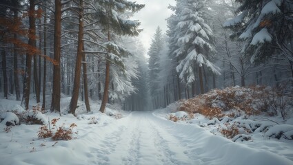 Fototapeta premium A tranquil winter pathway enveloped in fresh snow, bordered by trees and branches laden with snow.