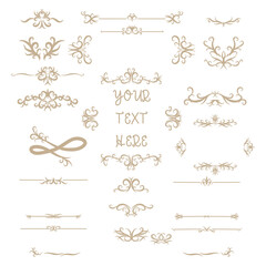 Vintage ornamental elements, decorative flourishes, elegant swirls, calligraphic designs, floral motifs, text dividers, page decorations, Victorian style, sepia tones, hand-drawn appearance, intricate