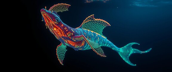 Luminous Aquatic Creature with Intricate Fin Details and Vibrant Color Palette Swims in Dark Depths