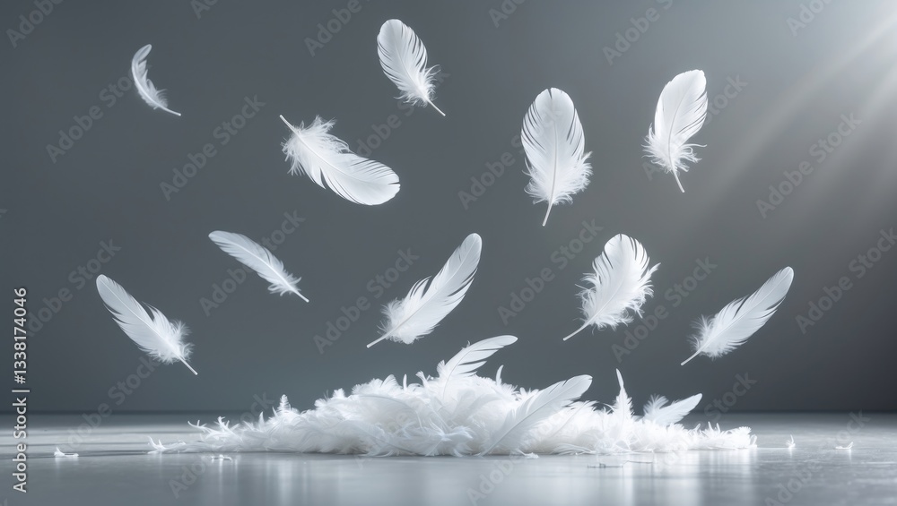 Poster abstract white bird feathers descending onto surface. floating soft feathers. softness of feather ag
