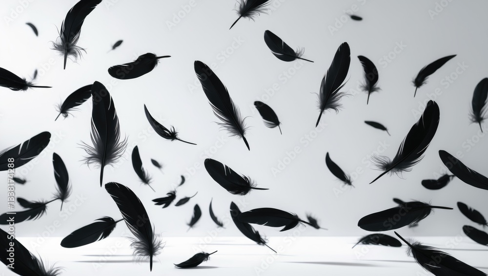 Poster abstract numerous black bird feathers drifting in the air. gently floating, tranquility. softness of