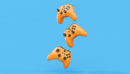 Realistic blue yellow video game joysticks or gamepads on blue background © Vasyl Onyskiv
