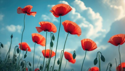 A detailed view of blooming red poppies. Image featuring selective focus.