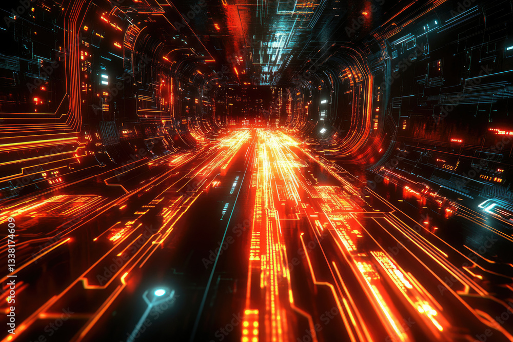 Poster a futuristic digital tunnel with glowing orange and teal lines, resembling a high-tech data stream.