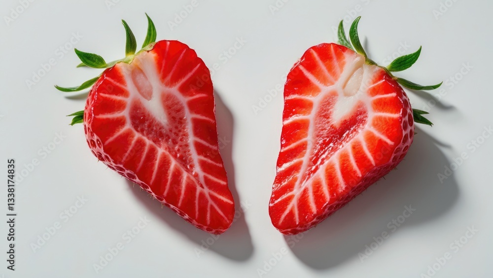 Poster a slice of a red strawberry in the shape of a heart set against a white background.