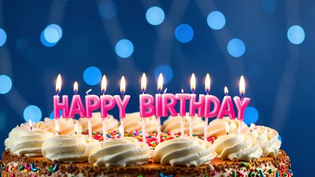 Decorated birthday cake with happy birthday candles and blue bokeh background close up view