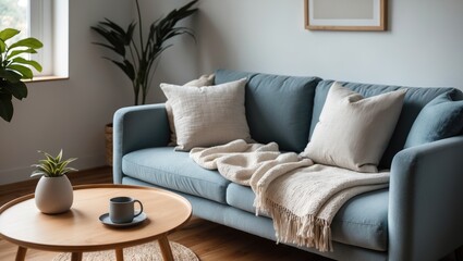 Grey sofa with a blanket, two pillows, a wooden coffee table, and a plant on a wooden floor in a minimalist setting.