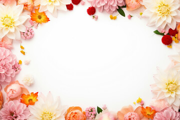 Fototapeta premium Colorful floral border frame with soft pink, white, and yellow flowers on a white background