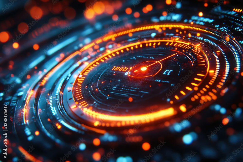 Poster Futuristic digital interface with glowing orange and blue circular displays showing technological data.