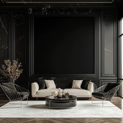 A modern luxurious living room with dark walls and furniture