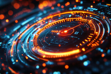 Futuristic digital interface with glowing orange and blue circular displays showing technological data.