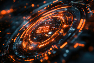 Futuristic digital interface with glowing orange circuits and a central display showing a number.