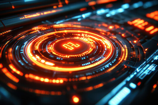 Futuristic HUD interface with glowing orange and blue rings displaying a digital timer.
