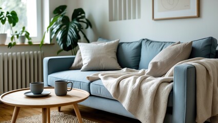Sofa in grey color with a blanket, a pillow, a wooden coffee table, and a plant on a wooden floor within a minimalist setting.