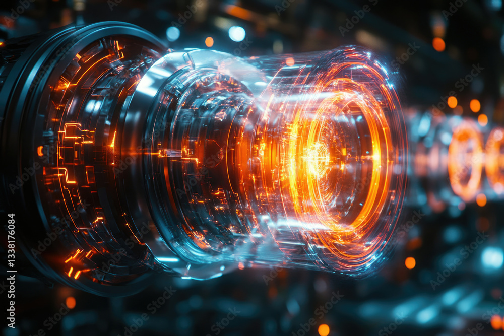 Poster futuristic transparent engine with glowing orange and blue circuits, showcasing advanced technology.