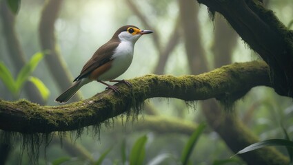 Sumatran laughingthrush, Garrulax bicolor, a white and brown bird perched on a tree branch in a tropical forest. Thrush in its natural habitat, wildlife.