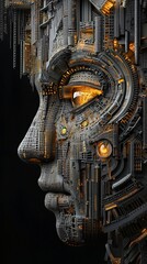 Naklejka premium post-human evolution, AI-generated life, cybernetic integration, translucent skin, luminous neural pathways, synthetic organic fusion, surreal future portrait, visionary digital art, hyper-realistic