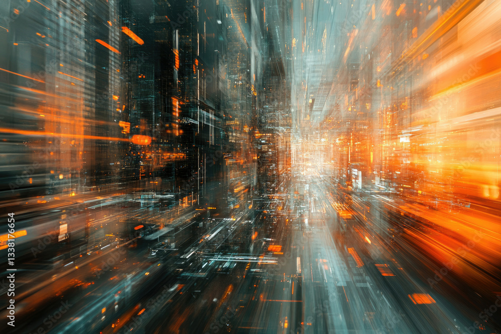 Poster abstract depiction of a futuristic city with vibrant lights and motion blur, conveying speed and tec