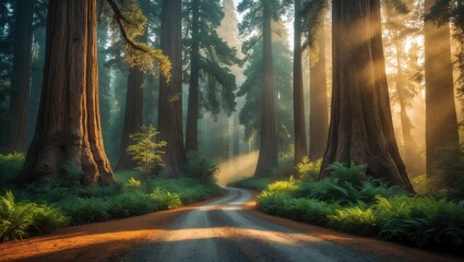 Obraz premium A gravel road meanders through a forest of Giant redwood trees in the park.