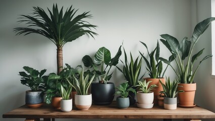 Fototapeta premium Group of plants arranged on a wooden table within a room