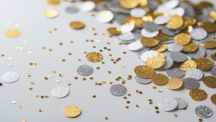 Gold and silver glitter confetti pieces scattered on a white background.