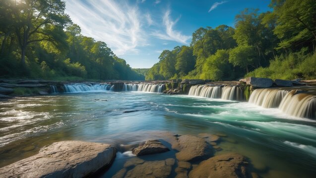 A panoramic view of the three sets of falls at Force during the summer season.