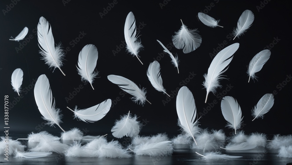 Poster abstract collection of white bird feathers floating in darkness. feathers on black surface.
