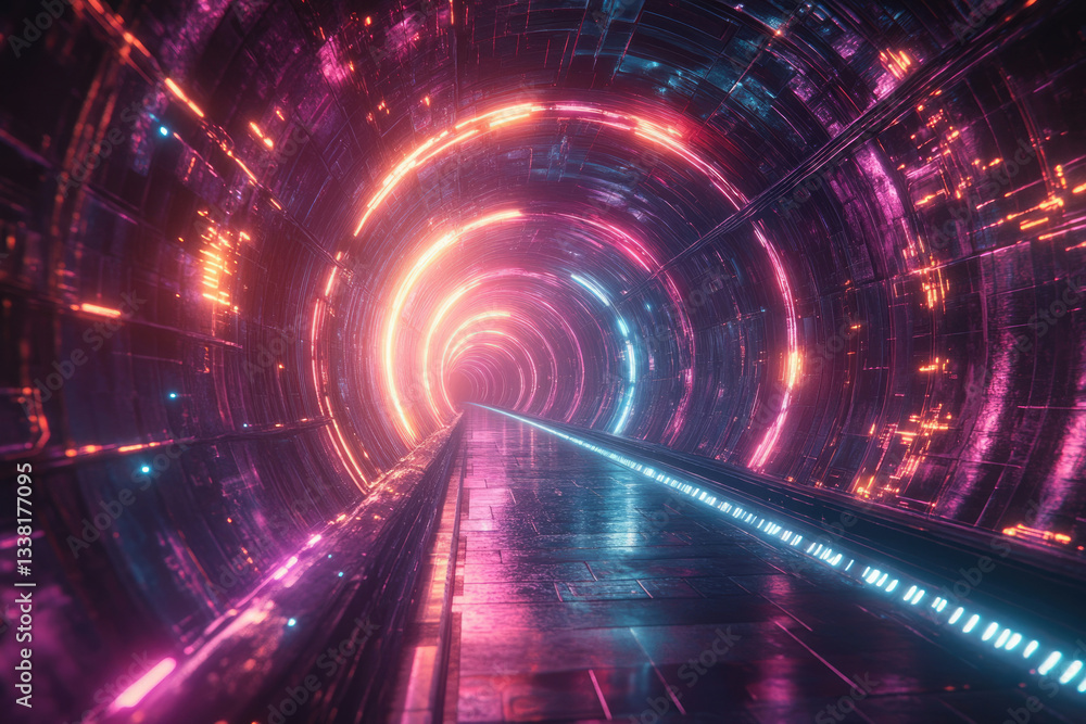 Poster a futuristic tunnel with vibrant pink and orange neon lights illuminates the pathway, creating a mes