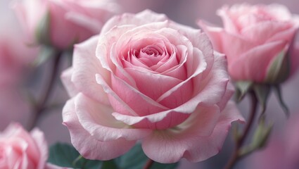 Abstract floral background, soft focus on pink pale rose flower petals. Macro floral backdrop for brand design.