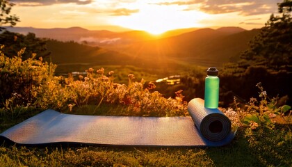 outdoor yoga session at sunrise, with a yoga mat, water bottle, 