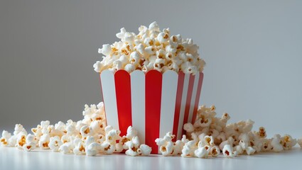 A red and white striped popcorn container overflowing with popcorn.