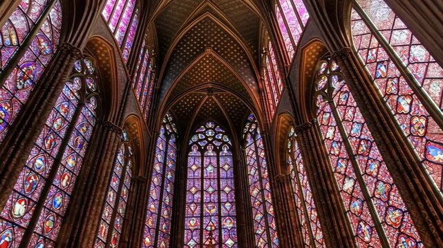 Interior view of sainte chapelle showcasing stained glass windows and gothic architecture details