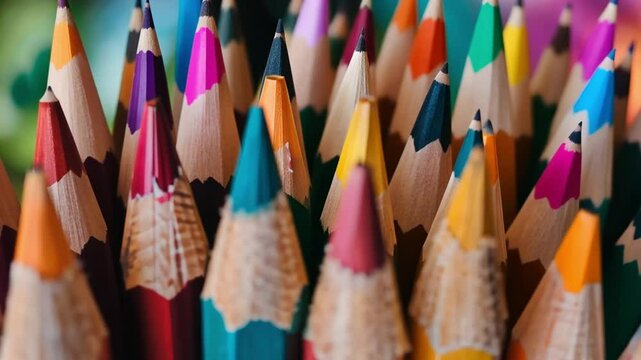Close up view of vibrant sharpened colored pencils cluster, showcasing variety of hues and wooden textures. vdo highlights pointed tips and rich diversity of colors, perfect for artistic creativity