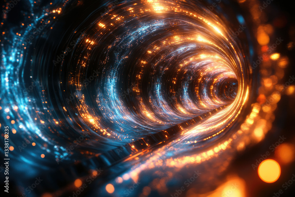 Poster a swirling vortex of vibrant orange and blue light creates a mesmerizing tunnel effect, suggesting a